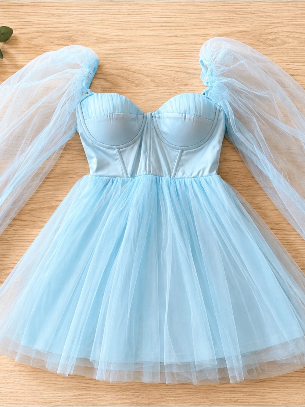 Blue Mesh Puff-Sleeve Mini Dress - Picture 3 of 6
